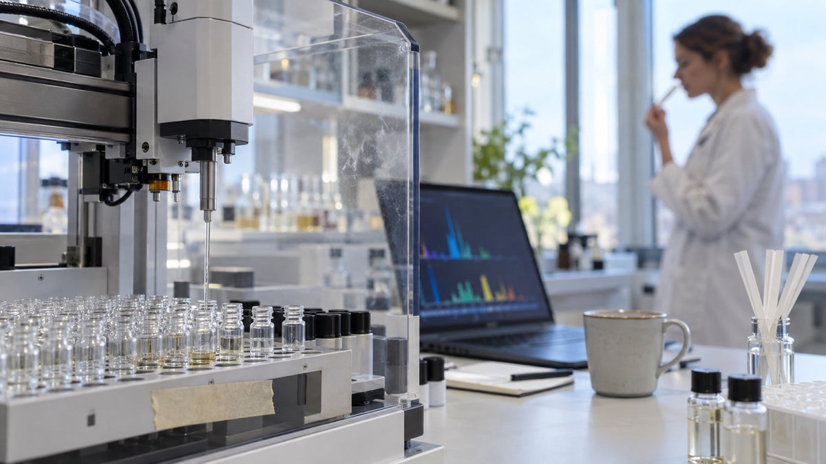 Laboratoř, kde robot dávkuje vzorky a parfumér testuje vůni