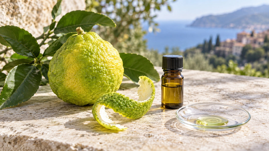Ilustračná fotografia bergamotu, aromatickej kôry a oleja používaného v parfumérii.
