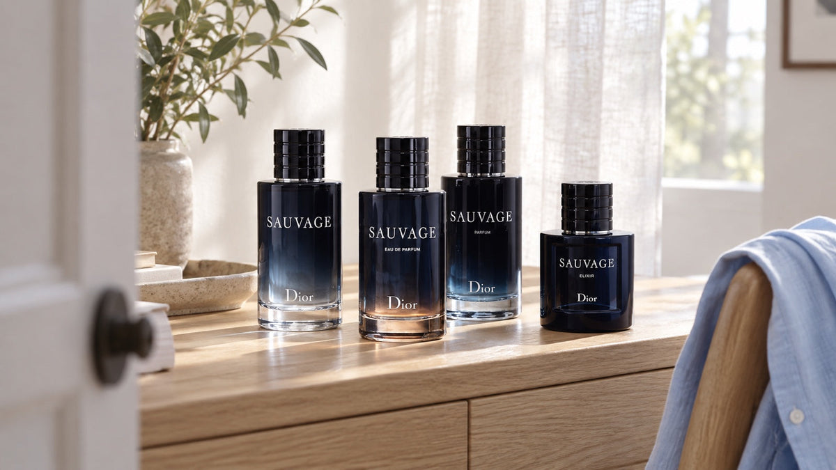 Četiri bočice Dior Sauvage: Eau de Toilette, Eau de Parfum, Parfum i Elixir u dnevnom svjetlu.