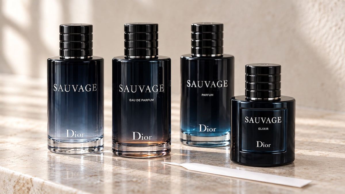 Cele patru flacoane Dior Sauvage: Eau de Toilette, Eau de Parfum, Parfum și Elixir în lumină naturală.