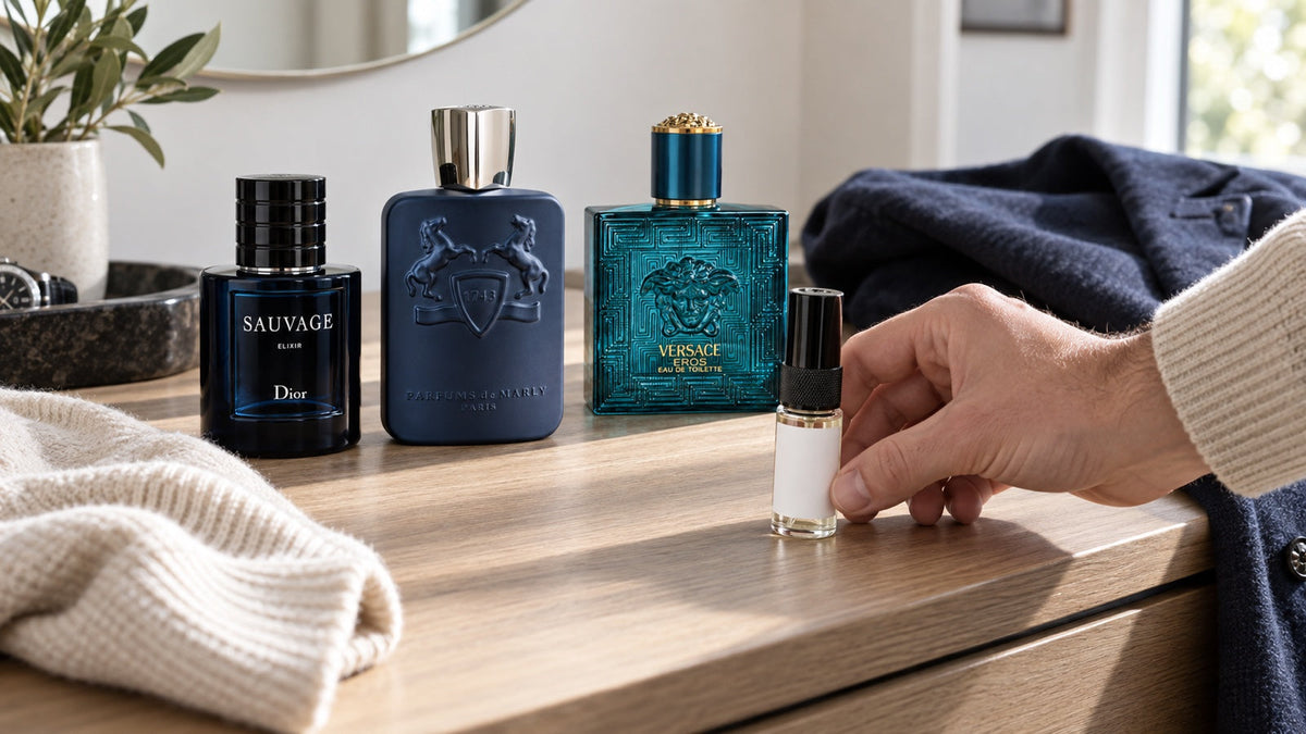 Výběr vůně podle nálady: Dior Sauvage Elixir, Layton a Versace Eros.