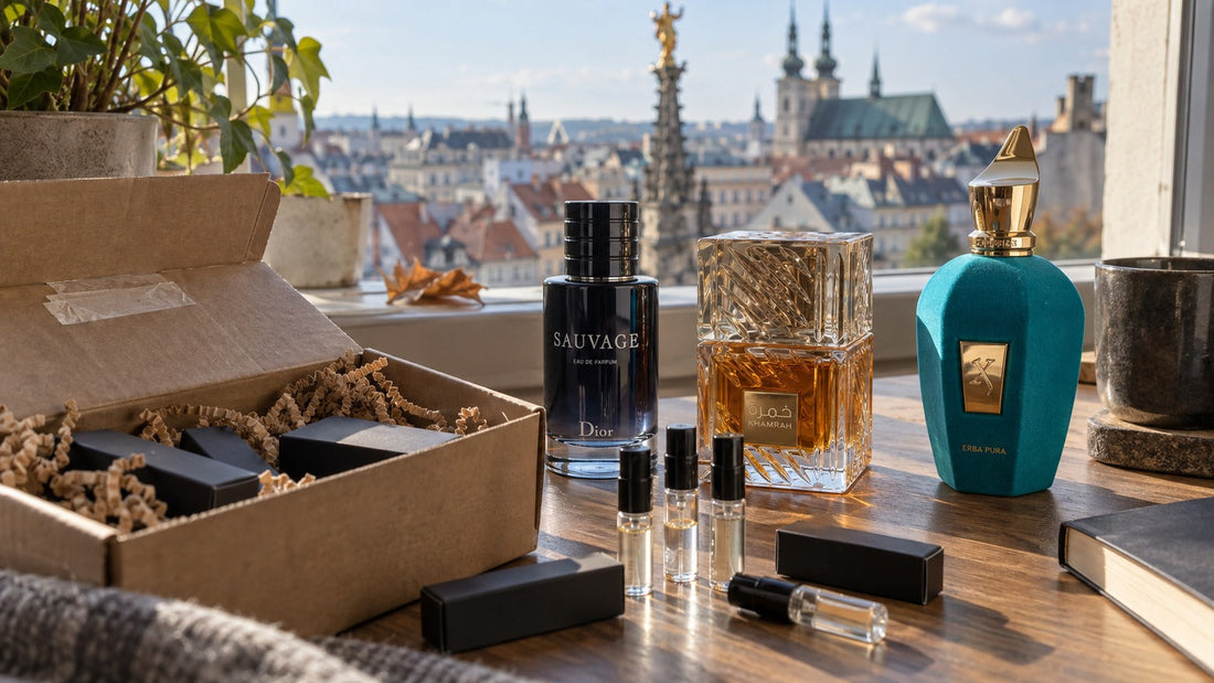 Balík MrRizz se vzorky parfémů a flakony Sauvage, Khamrah a Erba Pura u okna s výhledem na Olomouc.