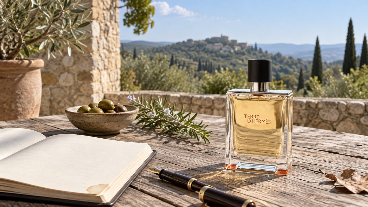 Terre d'Hermès na kamenné terase v Provence se zápisníkem a rozmarýnem