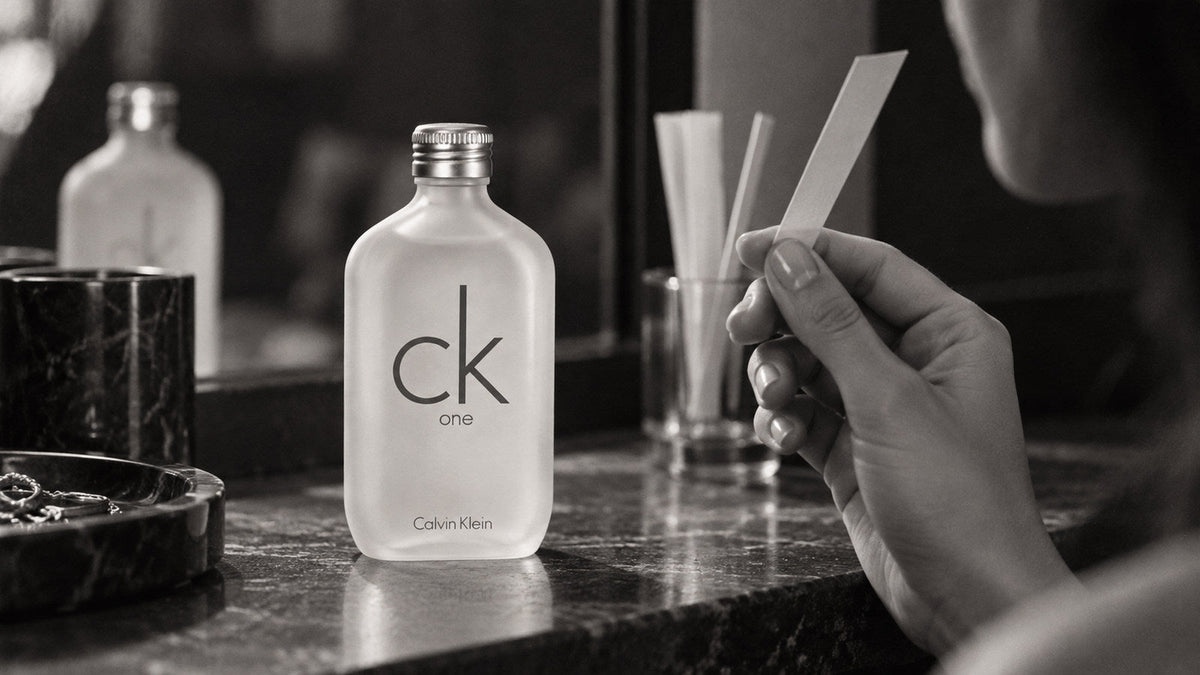 Černobílá fotografie CK One a vonného testovacího proužku