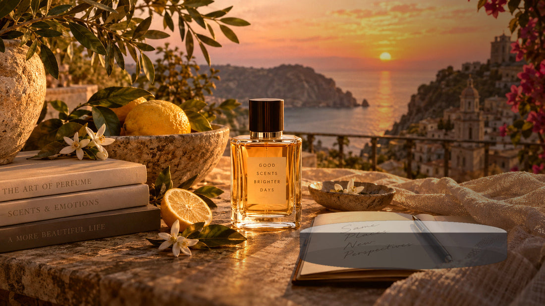 Parfum real de lux lângă elemente de preț și materiale într-un editorial realist