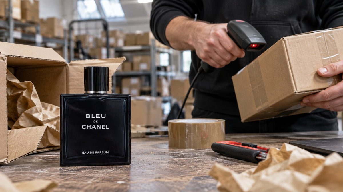 Bleu de Chanel na balicím stole ve skladu e-shopu