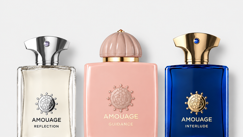 Amouage vzorky – Amouage Reflection Man, Amouage Guidance, Amouage Interlude Man; tři flakony ve stylu kategorií MrRizz