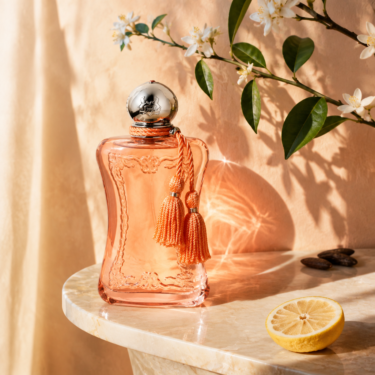Parfums de Marly Athénaïs v prosluněném zátiší s pomerančovým květem a yuzu – MrRizz