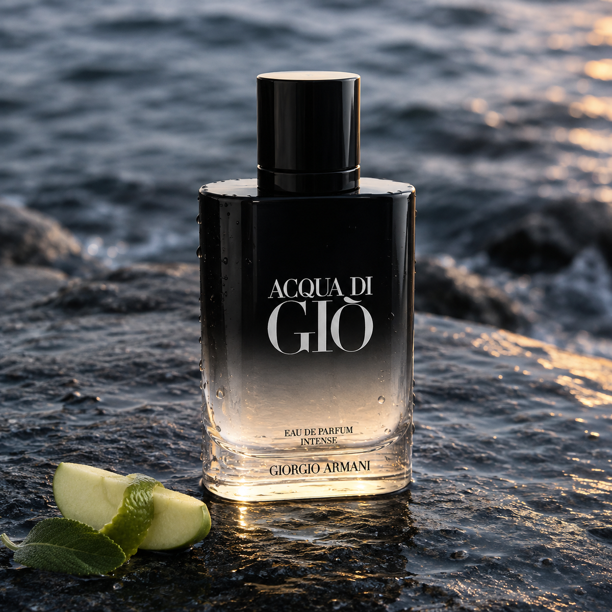 Acqua di Giò Eau de Parfum Intense na mokrém kameni se zeleným jablkem a šalvějí – MrRizz