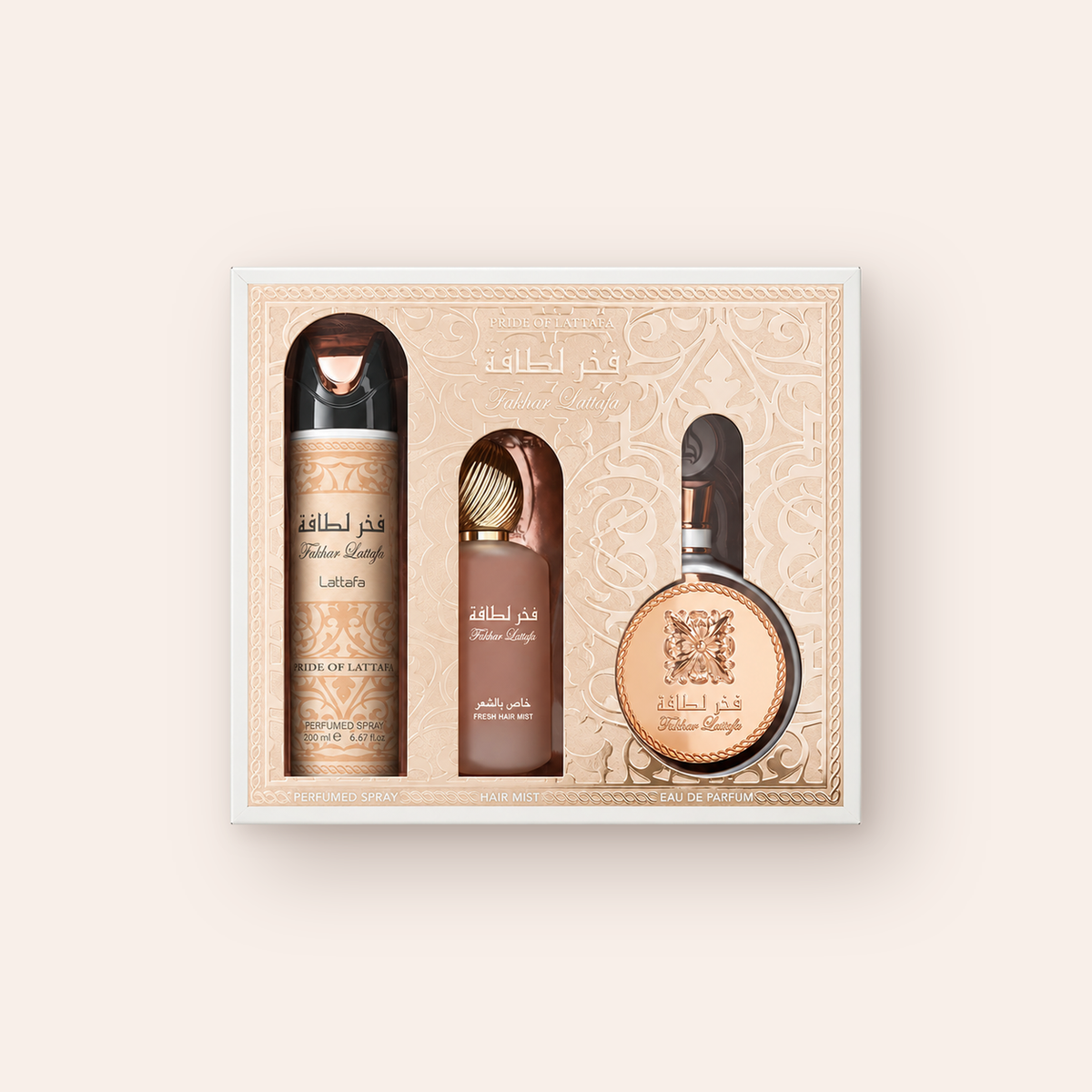 Lattafa Fakhar Rose dárkový set EDP 100 ml + deodorant 200 ml + parfém na vlasy 50 ml – MrRizz