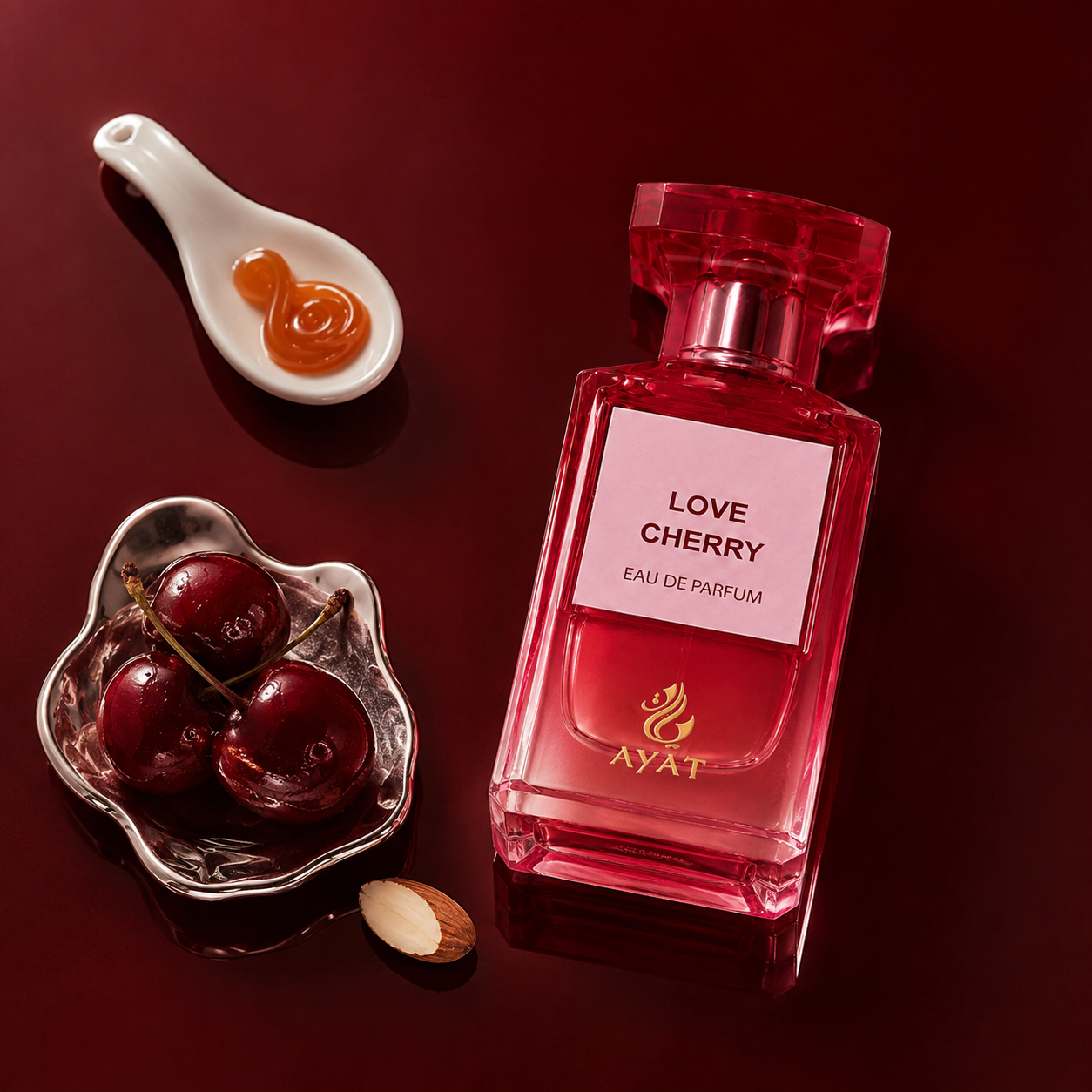 Ayat Love Cherry s čerstvými třešněmi a mandlemi na lesklém červeném podkladu – MrRizz