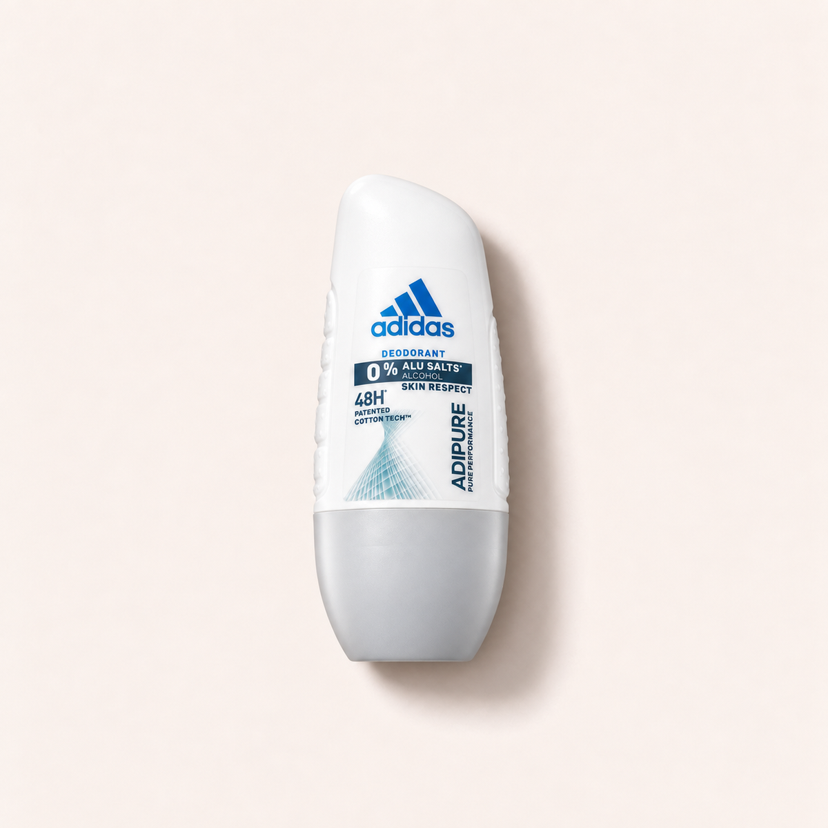 Bílý deodorant roll-on Adidas Adipure 48h 50 ml s šedým uzávěrem na světlém pozadí – MrRizz