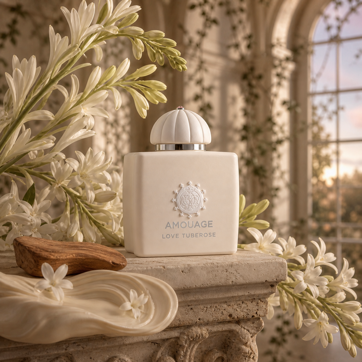 Amouage Love Tuberose v krémovém květinovém zátiší – MrRizz