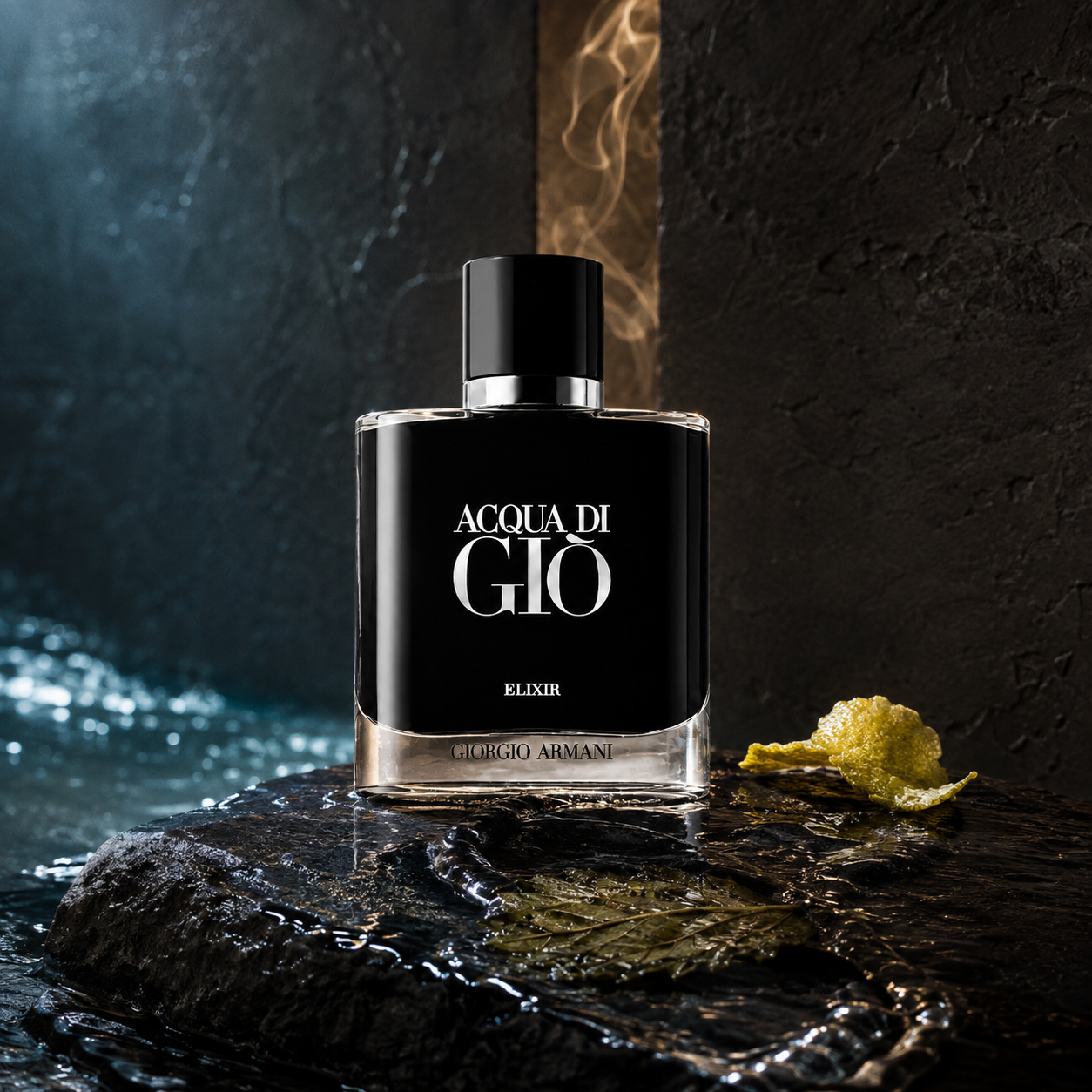 Giorgio Armani Acqua di Giò Elixir na mokré černé skále s citrusovou kůrou a kouřem v pozadí – MrRizz