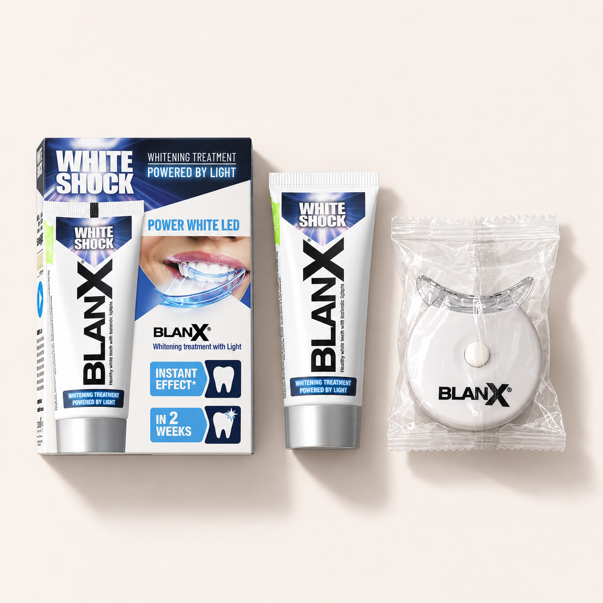 BlanX White Shock Power White Treatment – zubní pasta 50 ml a LED aktivátor – MrRizz