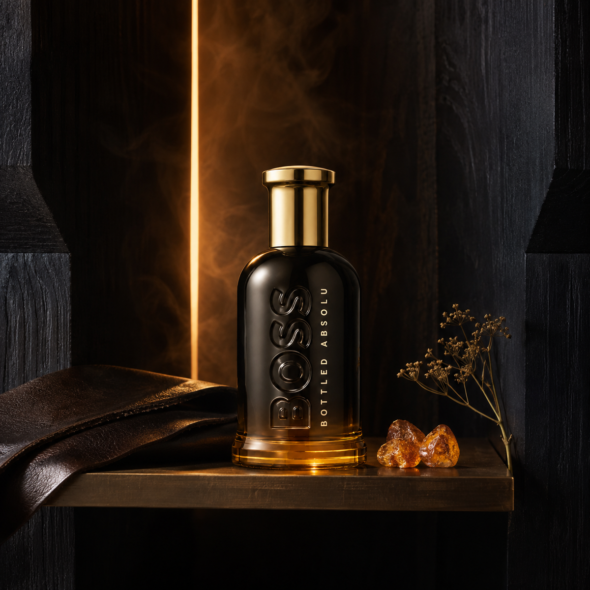 Hugo Boss Bottled Absolu ve tmavém dřevěném výklenku s kůží a jantarovými kamínky – MrRizz