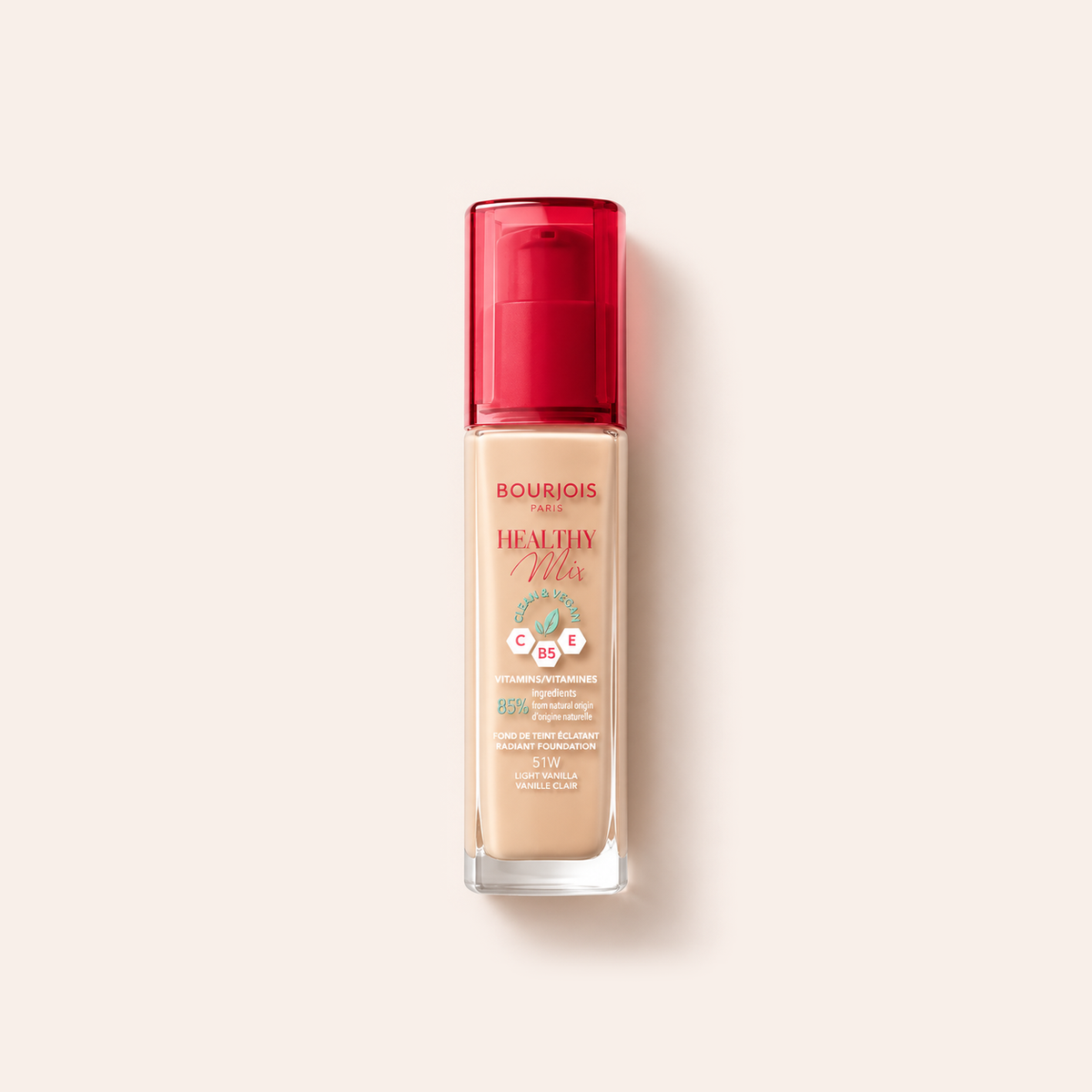 Makeup BOURJOIS Paris Healthy Mix 51W Light Vanilla 30 ml na béžovém pozadí – MrRizz