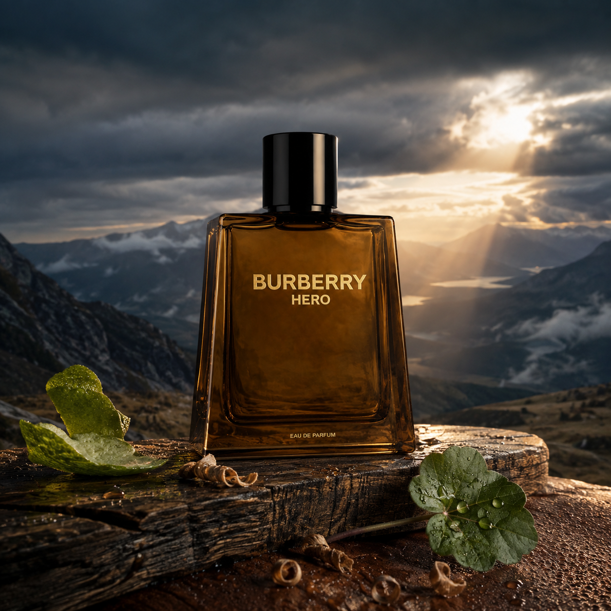 Emocionální vizuál parfému Burberry Hero EDP na cedrovém hřebeni před bouří