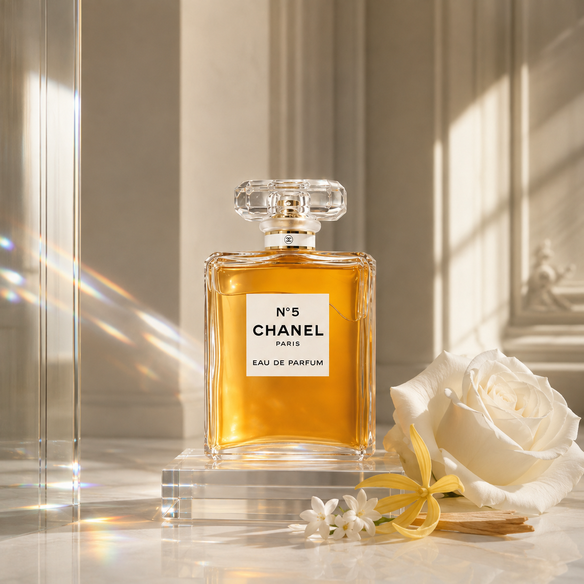 Chanel N°5 EDP – světlé prizmatické zátiší s růží, jasmínem a ylang-ylangem – MrRizz