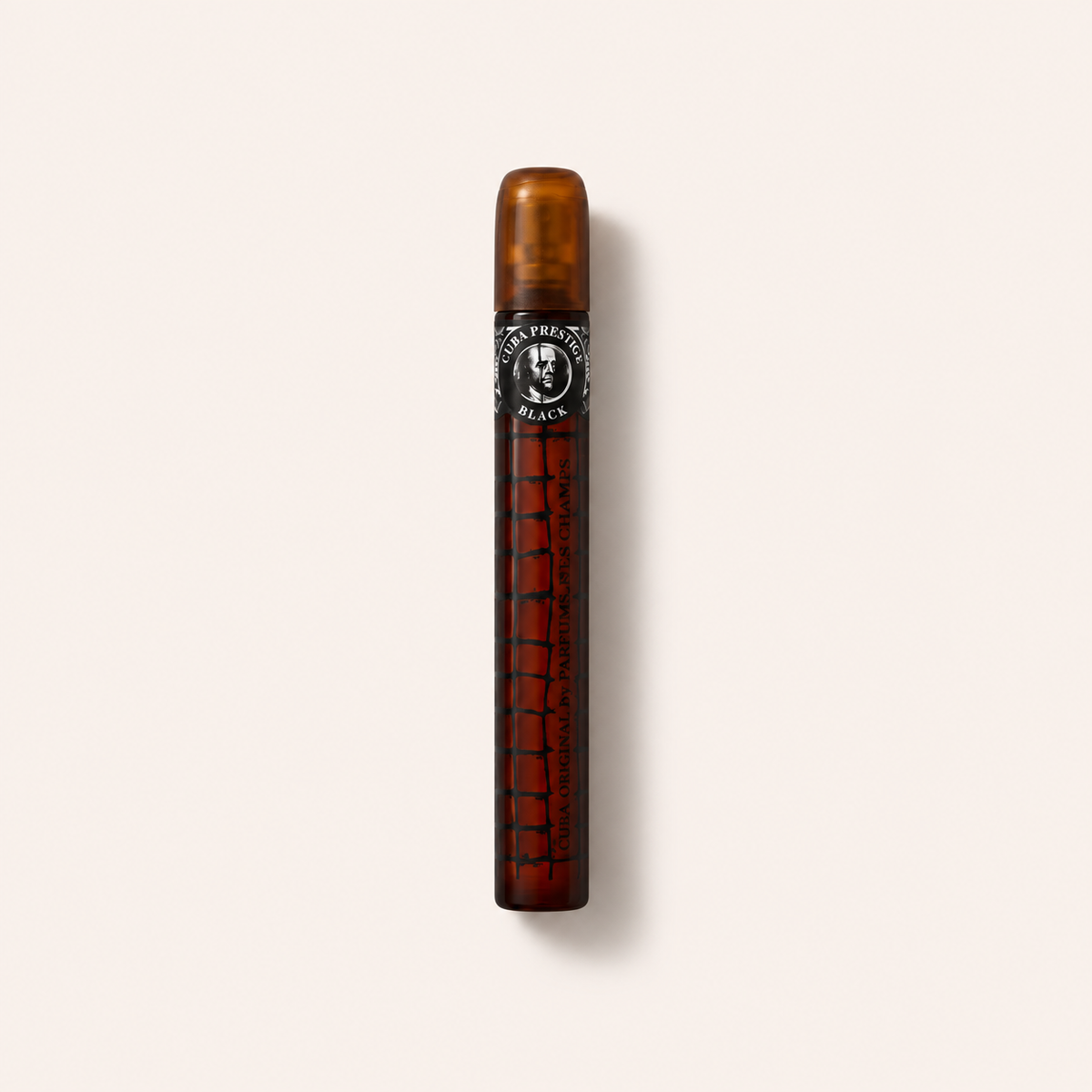 Úzký flakon Cuba Prestige Black EDT s hnědým víčkem a černou etiketou na světlém pozadí – MrRizz