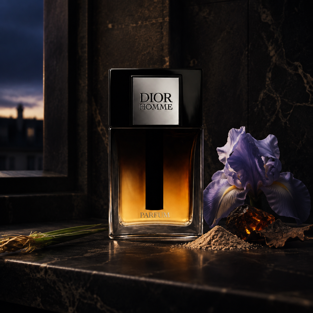 Dior Homme Parfum 2025 – večerní zátiší s kosatcem, ambrou, pačuli a vetiverem