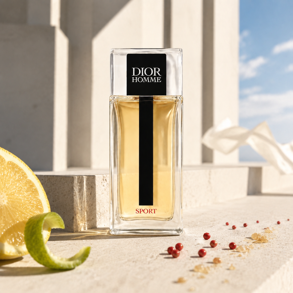 Emocionální vizuál parfému Dior Homme Sport v prosluněné bílé architektuře