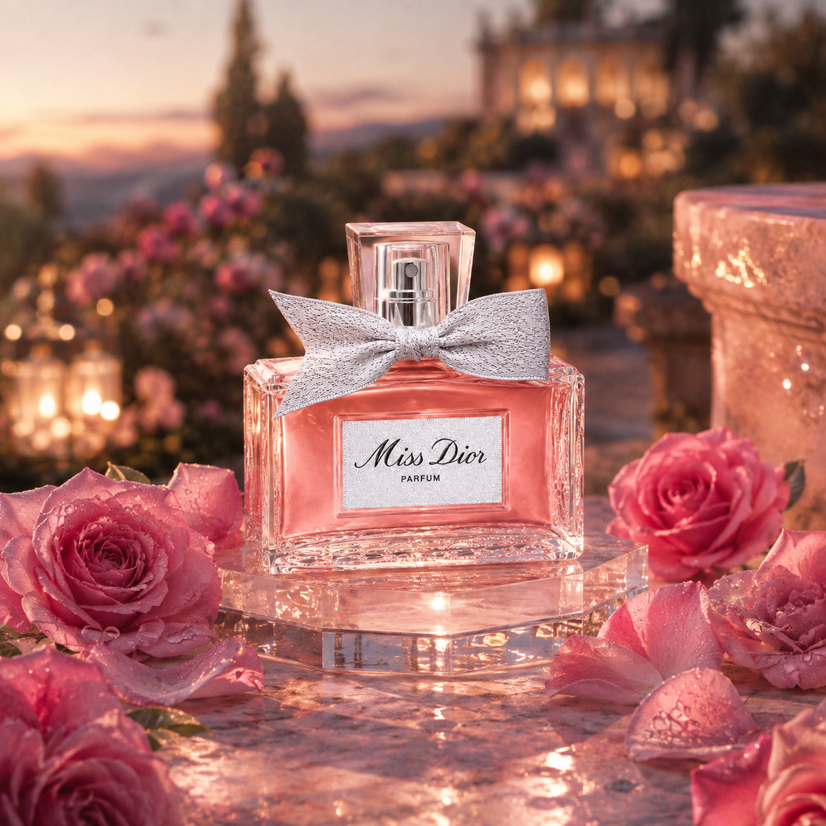Dior Miss Dior Parfum 2024 v emocionální zahradní scéně s růžemi z Grasse a večerním světlem – MrRizz