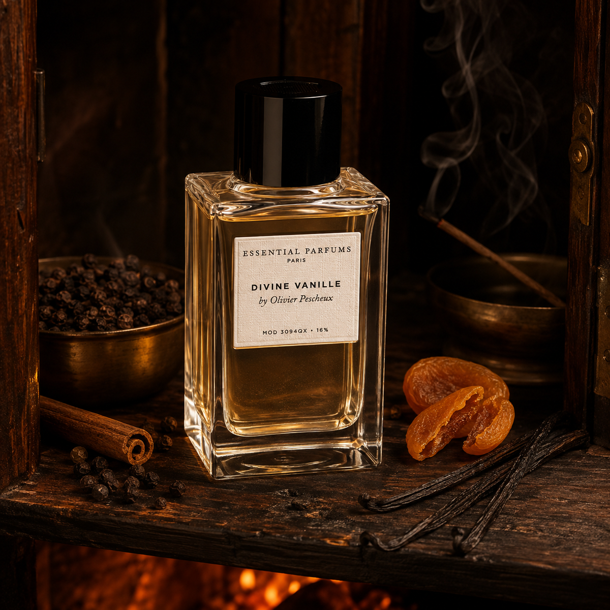 Essential Parfums Divine Vanille v emocionální scéně s vanilkou, kořením a kadidlem