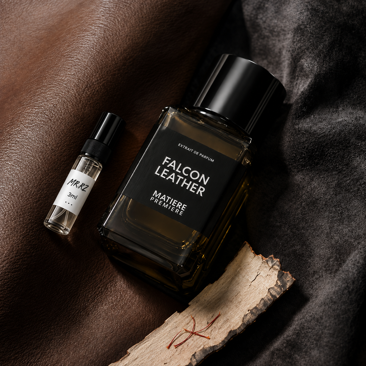 Matière Première Falcon Leather – původní prostředí s lahvičkou vzorku MrRizz