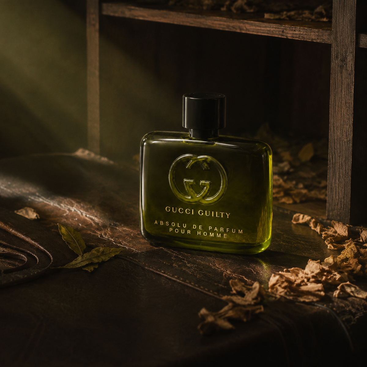 Gucci Guilty Absolu de Parfum Pour Homme v emocionální kožené scéně s cedrem a pačuli – MrRizz