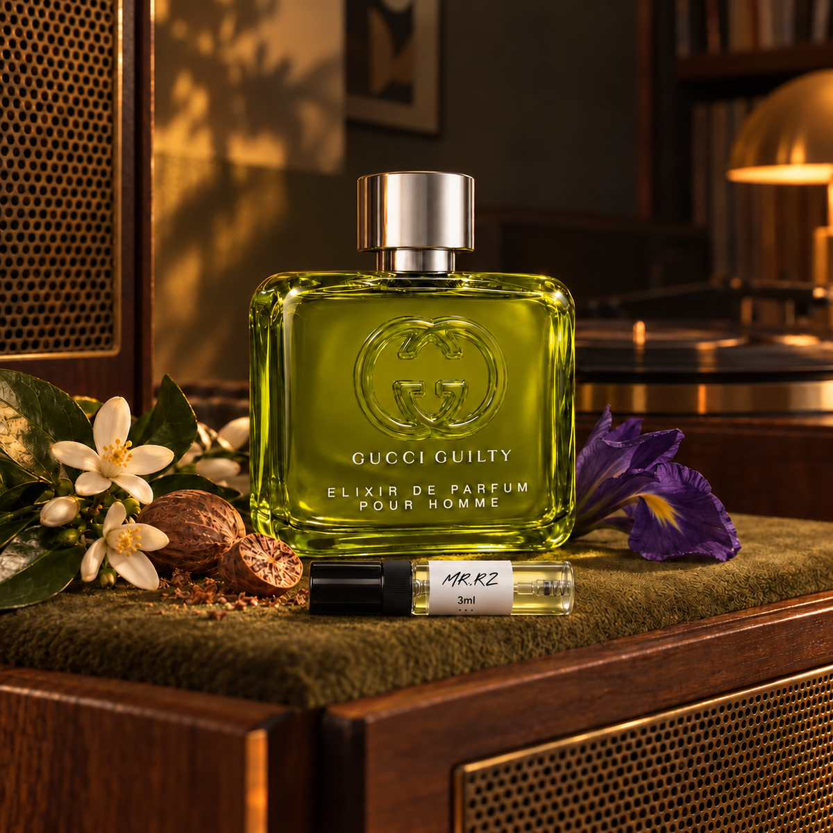 Gucci Guilty Elixir de Parfum pour Homme – původní prostředí s lahvičkou vzorku MrRizz