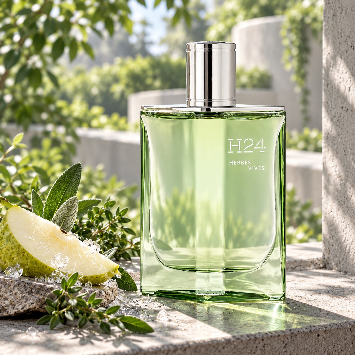 Hermès H24 Herbes Vives EDP 100 ml v ranním zátiší s hruškou a čerstvými bylinami – MrRizz