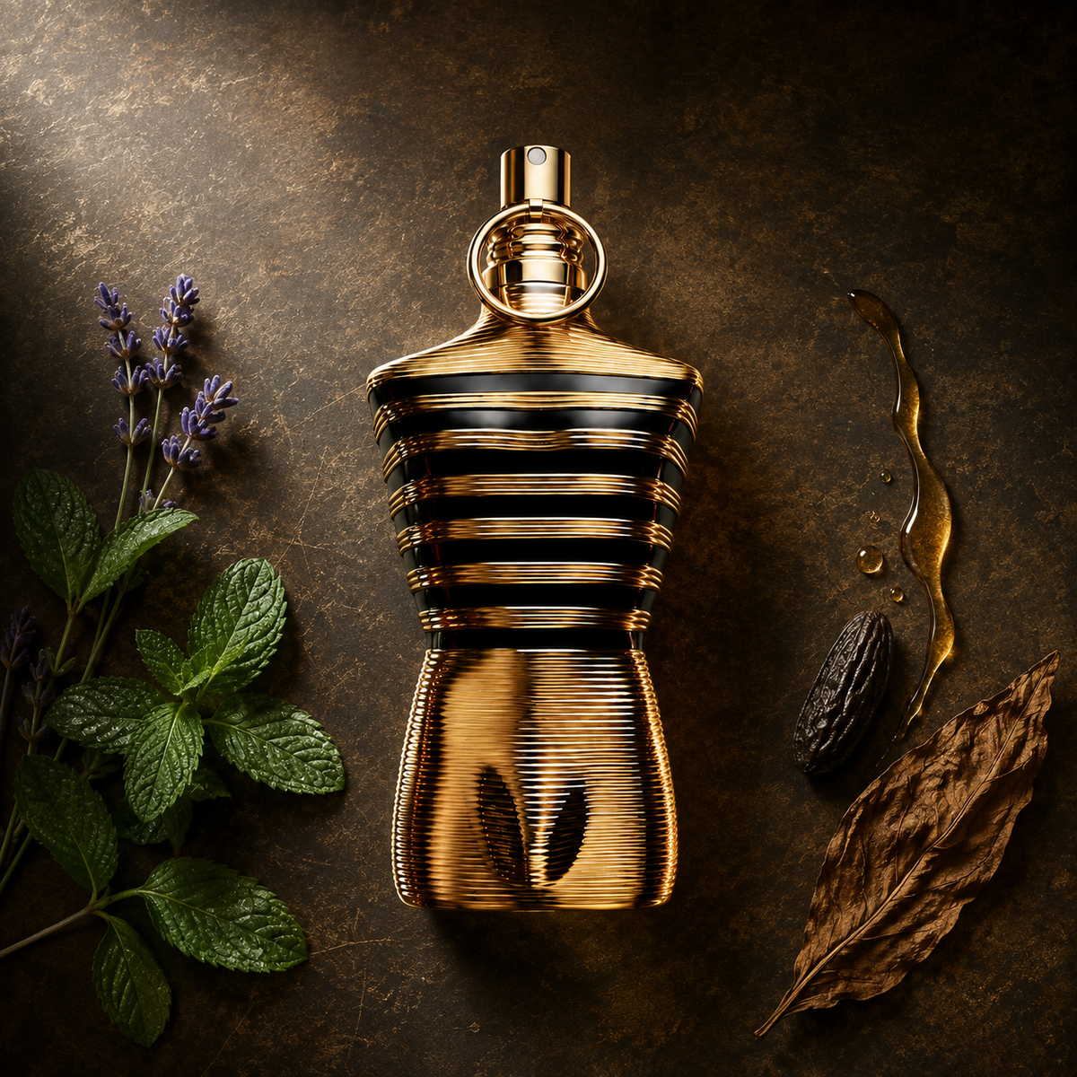 Jean Paul Gaultier Le Male Elixir v atmosférickém zátiší s mátou, levandulí, medem a tabákem – MrRizz