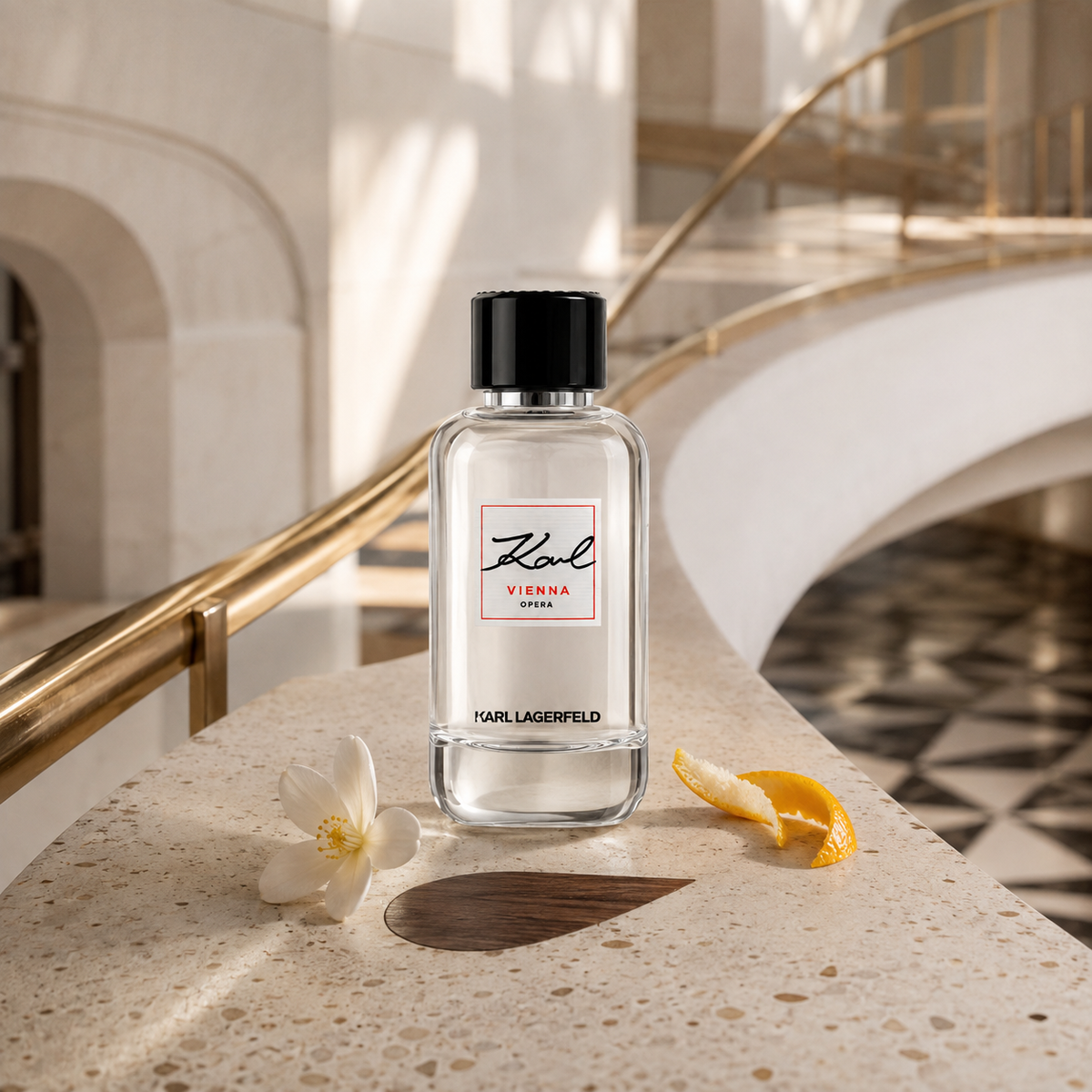 Karl Lagerfeld Vienna Opera u světlého schodiště se zlatým zábradlím, bílým květem a citrusovou kůrou – MrRizz