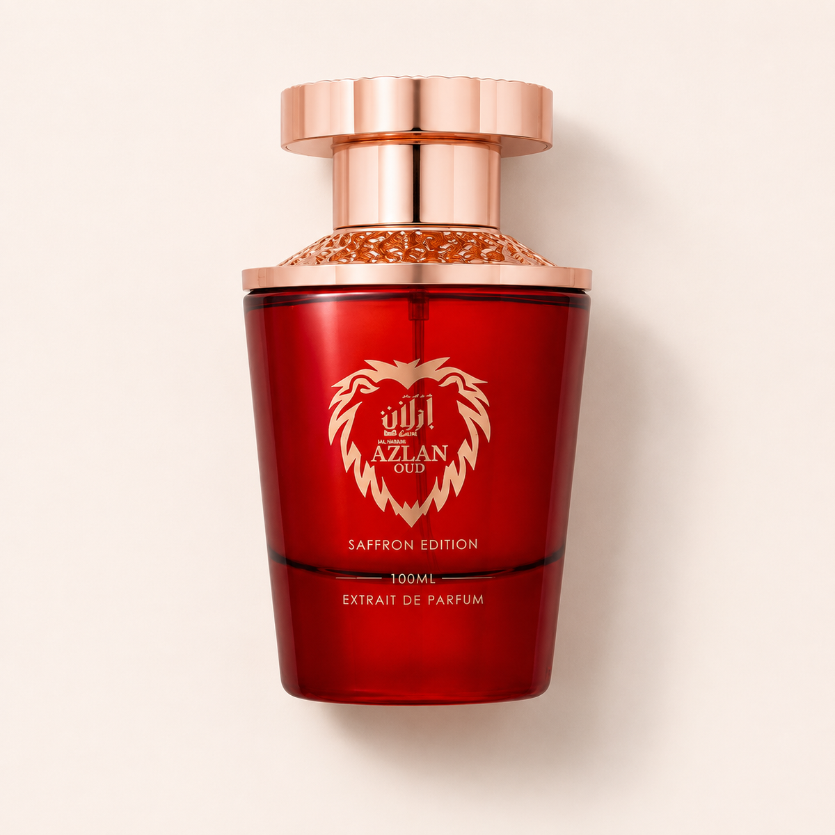 Al Haramain Azlan Oud Saffron Edition 100 ml – produktová fotografie na béžovém pozadí MrRizz