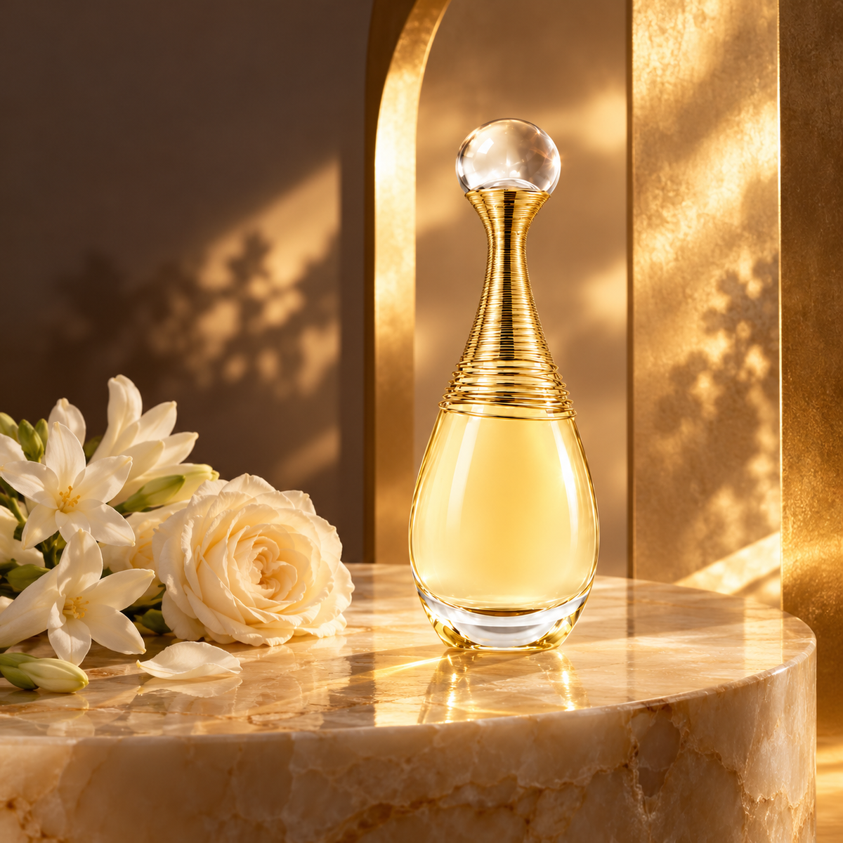Dior J’adore Infinissime 30 ml v květinovém zátiší se zlatým obloukem – MrRizz