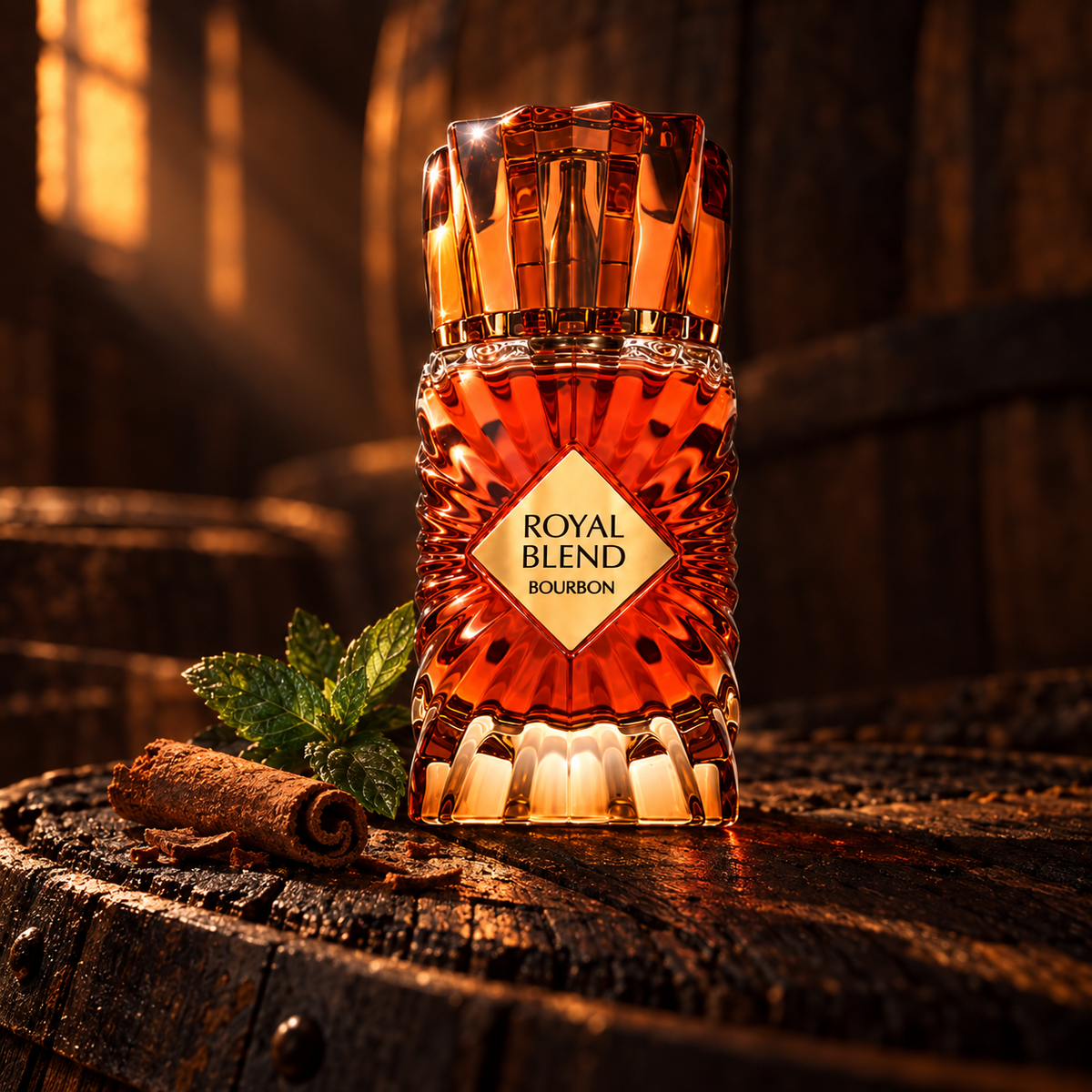 French Avenue Royal Blend Bourbon – flakon v teplém světle na dubovém dřevě se skořicí a mátou