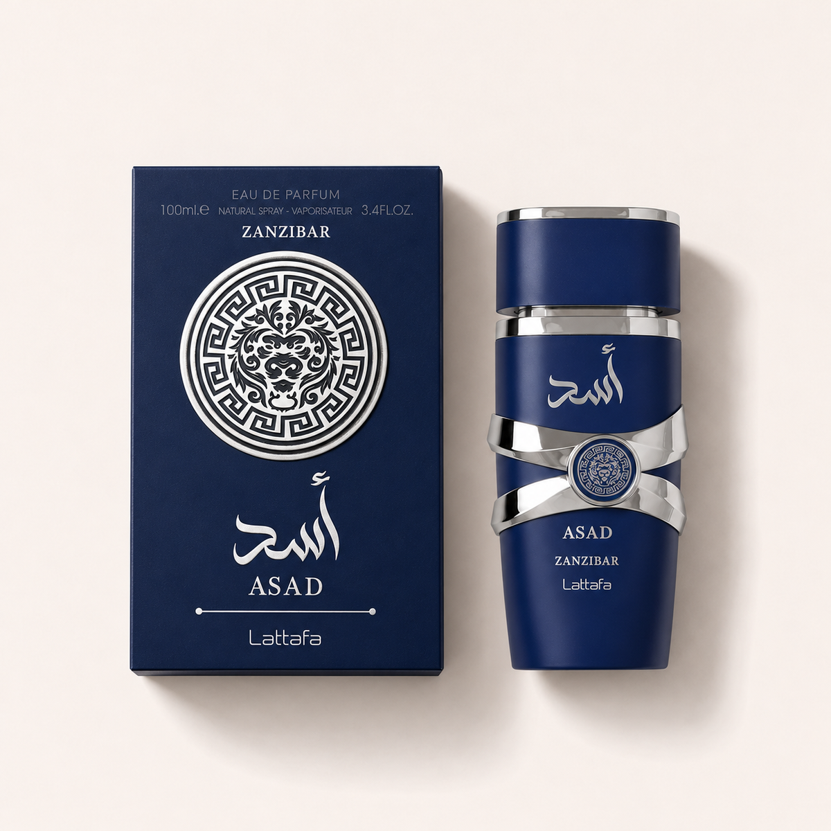 Lattafa Asad Zanzibar EDP 100 ml – flakon s originálním obalem na béžovém pozadí, pohled shora