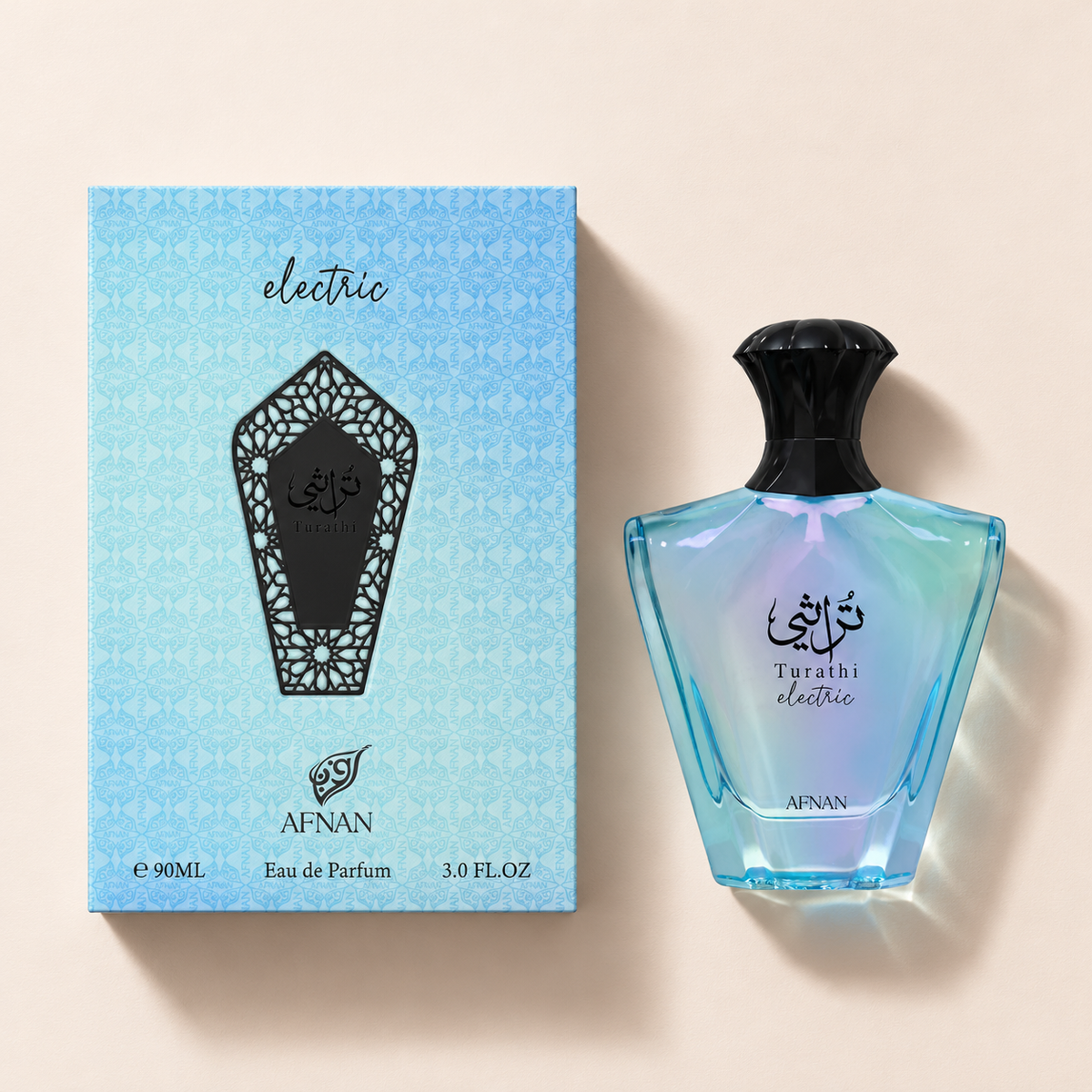 Afnan Turathi Electric EDP 90 ml – flakon s originálním obalem na béžovém pozadí, pohled shora