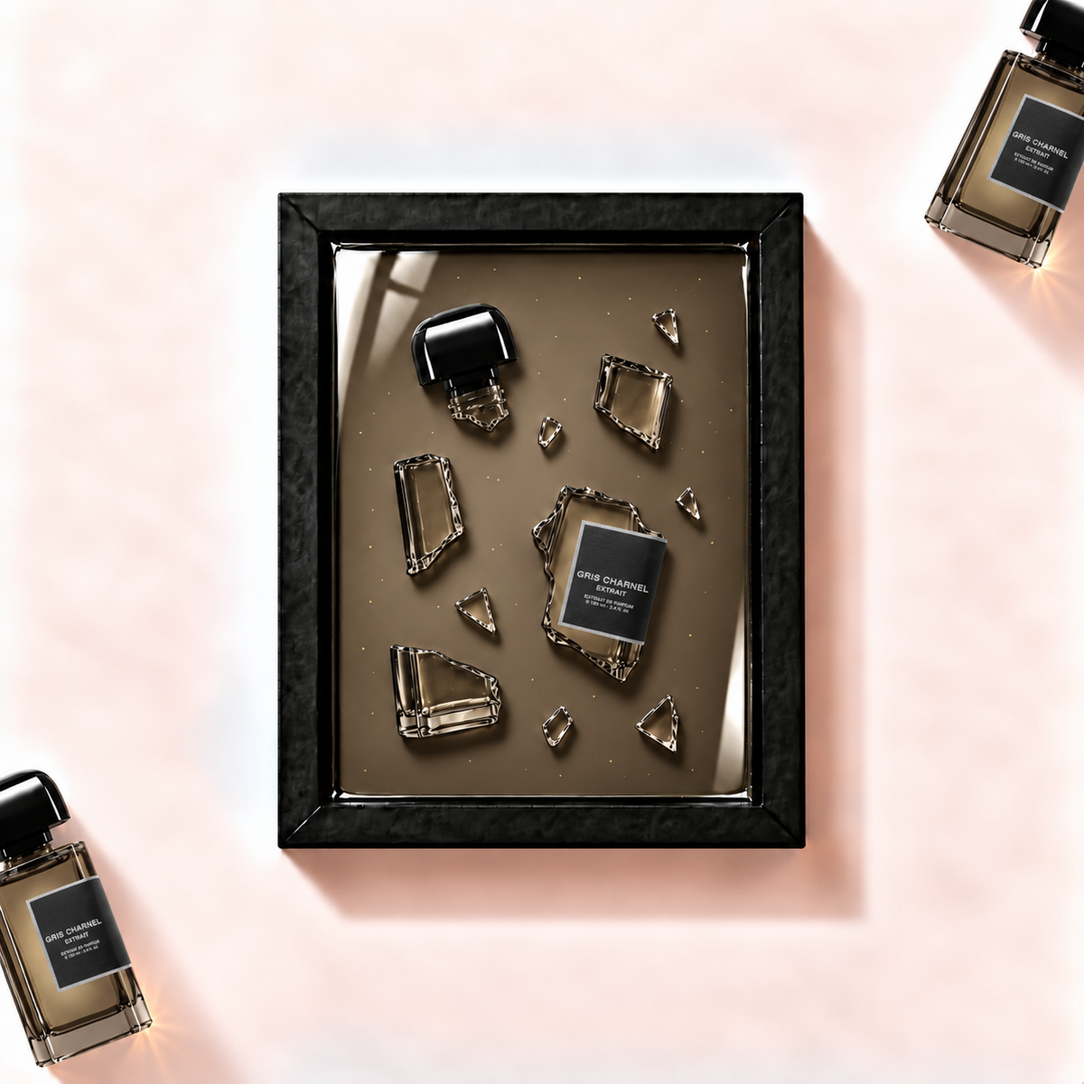Ilustrační parfémový obraz BDK Parfums Gris Charnel Extrait z fragmentů originálního flakonu v černém rámu