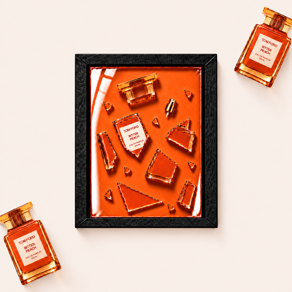 Parfémový obraz Tom Ford Bitter Peach v černém rámu – profesionální ilustrační fotografie