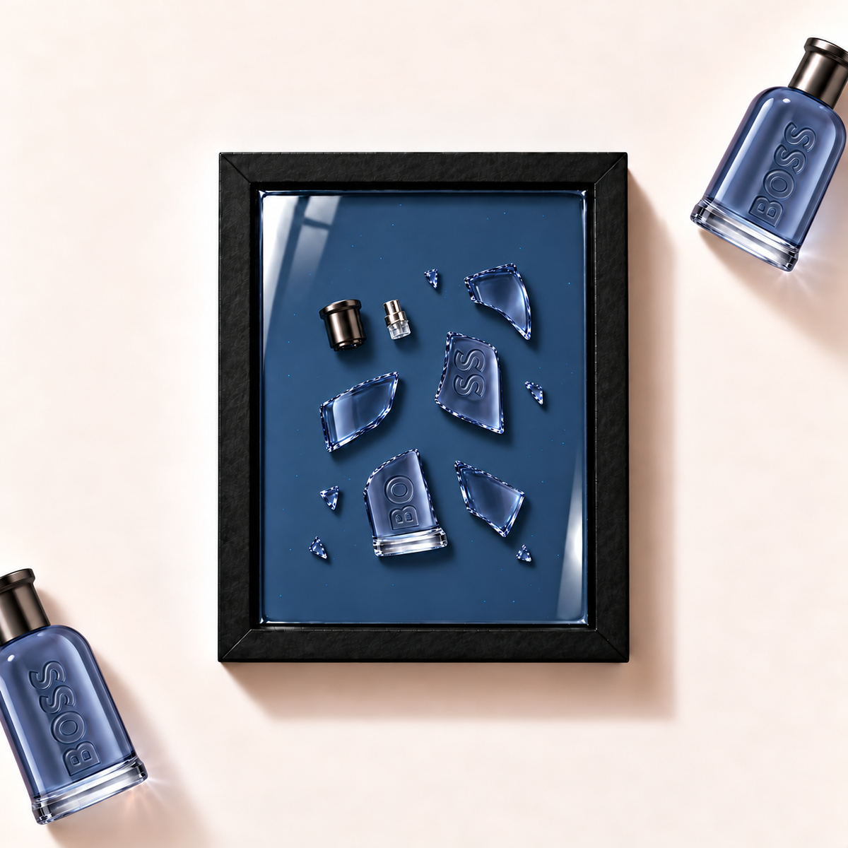 Ilustrační parfémový obraz BOSS Bottled Infinite z fragmentů originálního flakonu v černém rámu