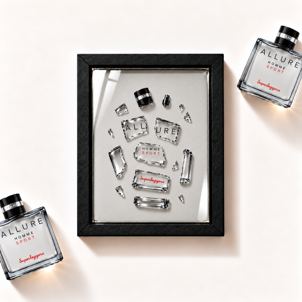 Parfemovy obraz Chanel Allure Homme Sport Superleggera v cernem ramu - ilustracni fotografie