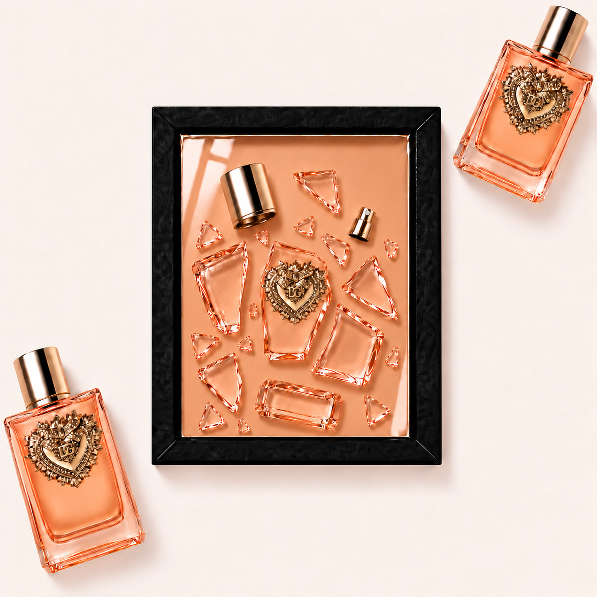 Parfemovy obraz Dolce & Gabbana Devotion Intense v cernem ramu - ilustracni fotografie