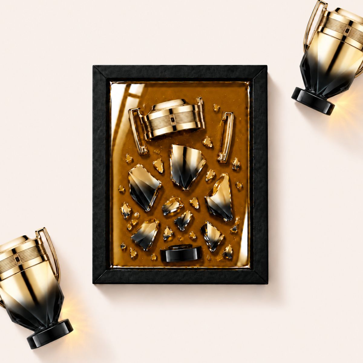 Parfémový obraz Paco Rabanne Invictus Elixir Parfum Intense v černém rámu – profesionální ilustrační fotografie