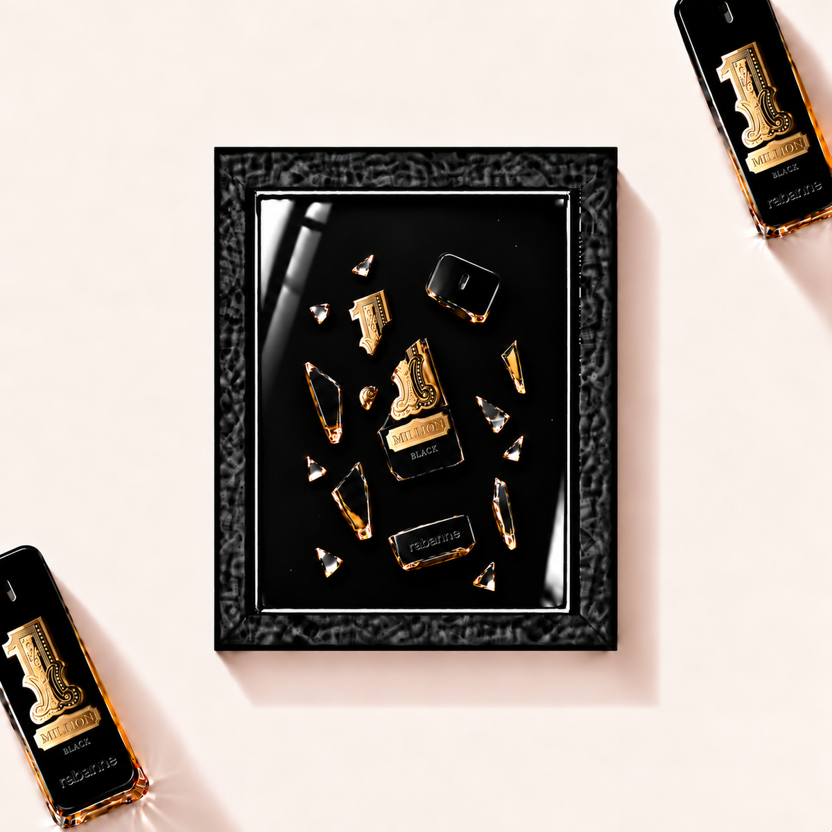 Parfemovy obraz Paco Rabanne 1 Million Black v cernem ramu - ilustracni fotografie