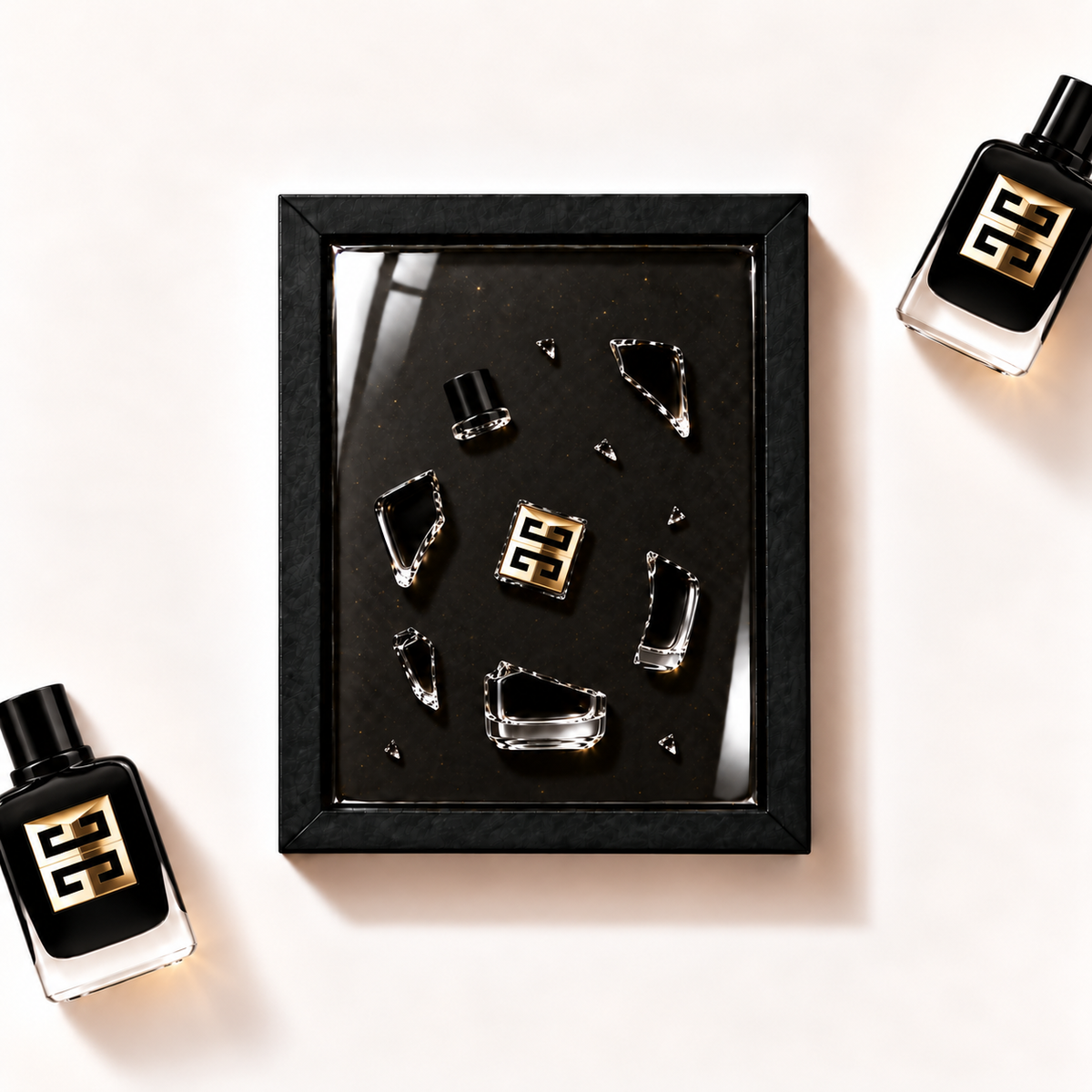 Parfemovy obraz Gentleman Society Eau de Parfum Ambrée Givenchy v cernem ramu - ilustracni fotografie