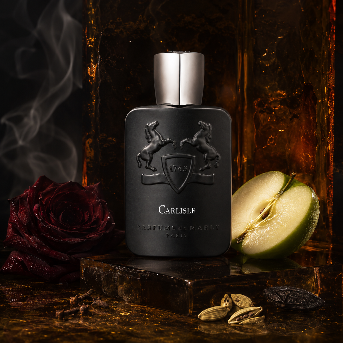 Parfums de Marly Carlisle v emocionální scéně s jablkem, růží, kořením a ambrovou pryskyřicí