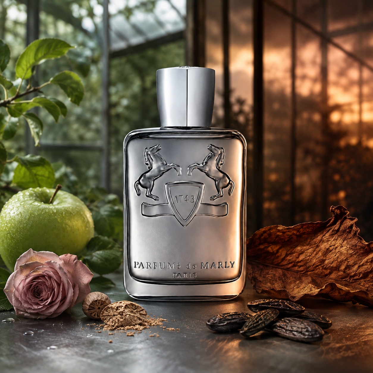 Parfums de Marly Castley – kovová scéna se zeleným jablkem a tabákem