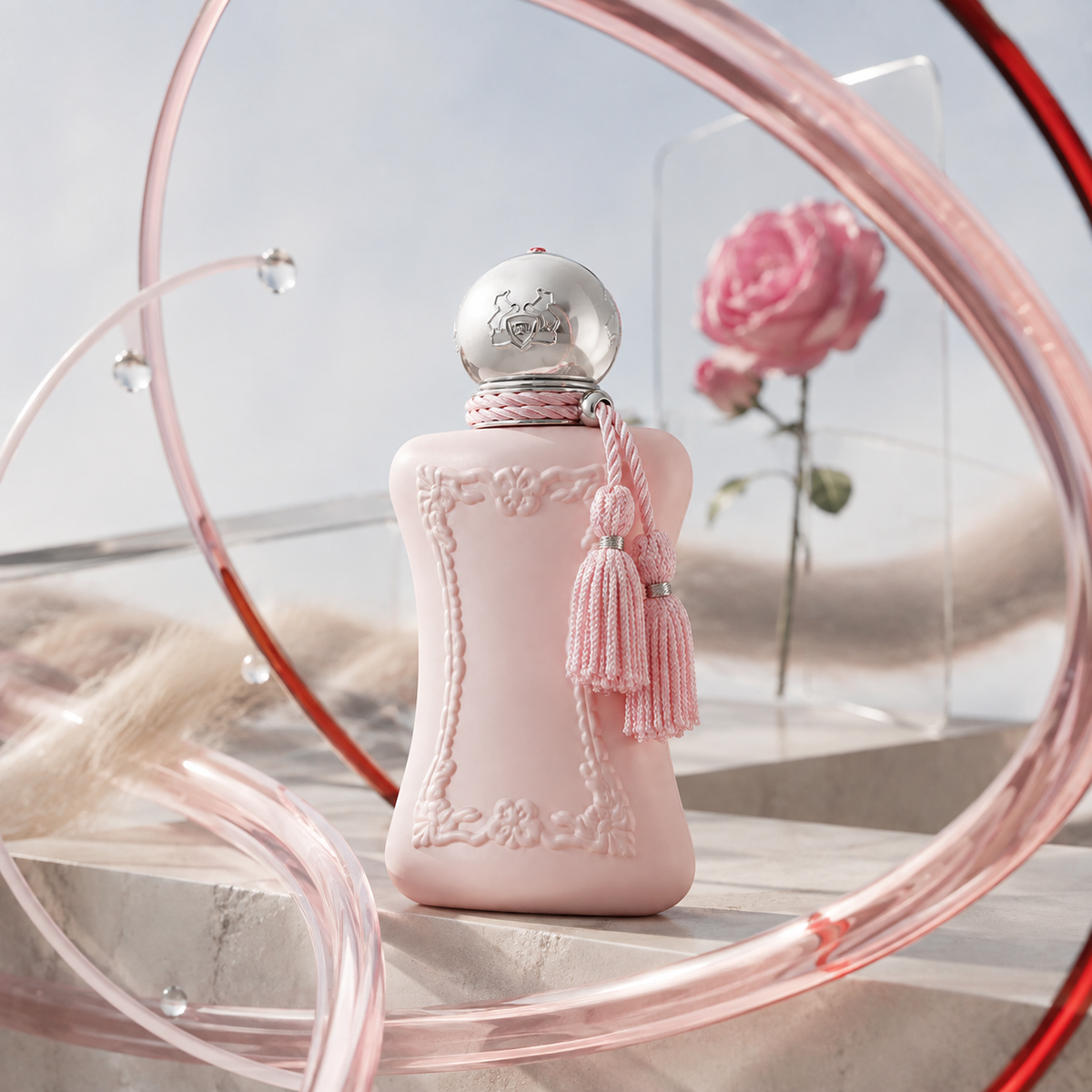 Parfums de Marly Delina EDP mezi růžovými skleněnými oblouky s růží za čirou deskou – MrRizz
